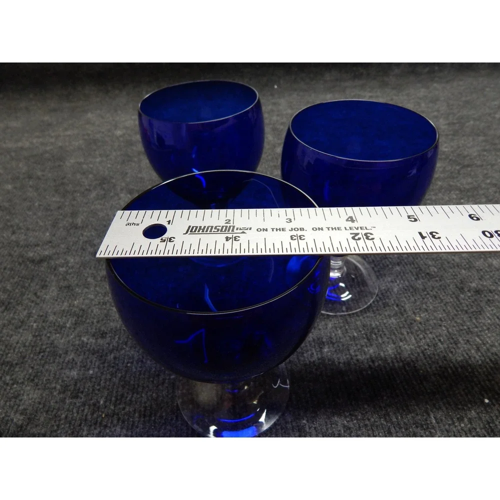 Vintage Cobalt Blue Wine Goblets Set of 3 Clear Stem Water Glasses